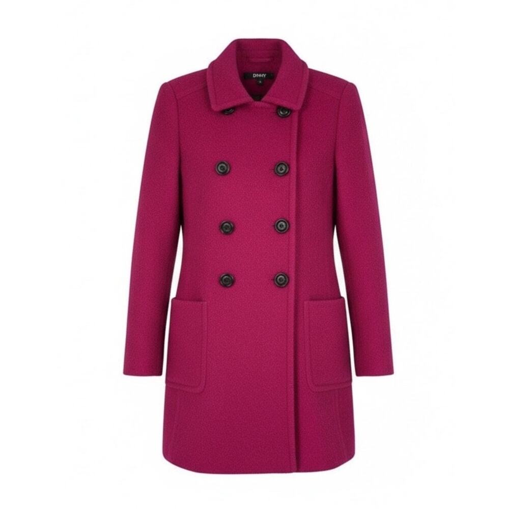 DKNY Boucle Double Breasted‎ Coat Size 2 Wool Blend Modern Magenta